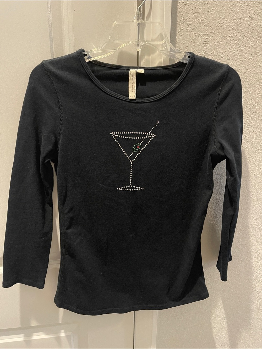 Susan Lawrence Black Long Sleeve Tee with Rhinestone Martini Motif NWOT